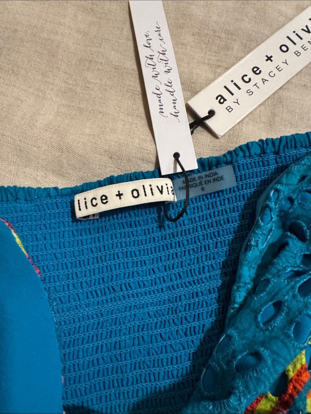 Alice + Olivia Teal Bandeau Top with Red and Lime Eyelet Panels - Picture 2 of 6